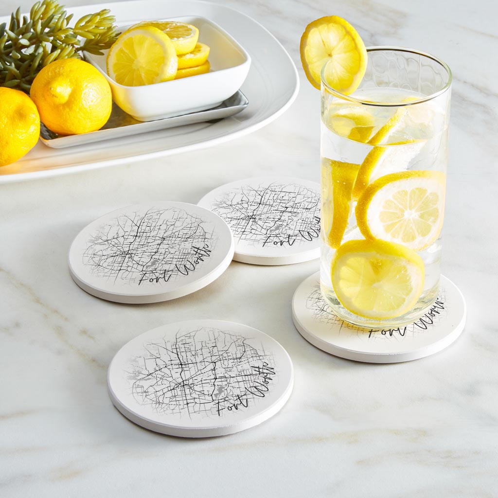 Minimalistic B&W Texas Fort Worth Circle Map | Absorbent Coasters | Set of 4 | Min 2