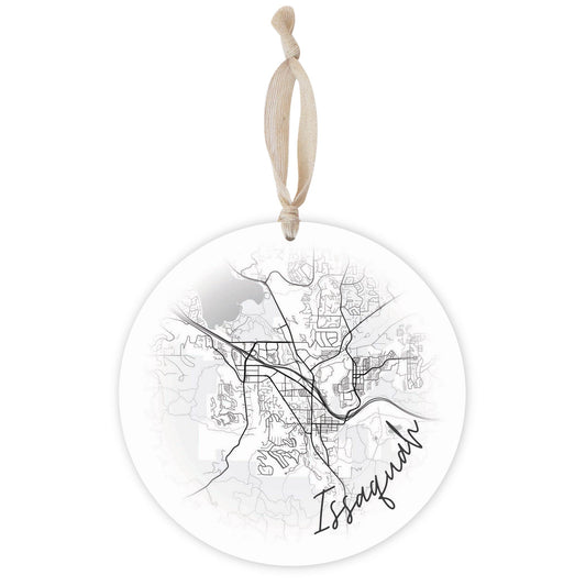 Minimalistic B&W Washington Issaquah Circle Map | Wood Ornament | Eaches | Min 1