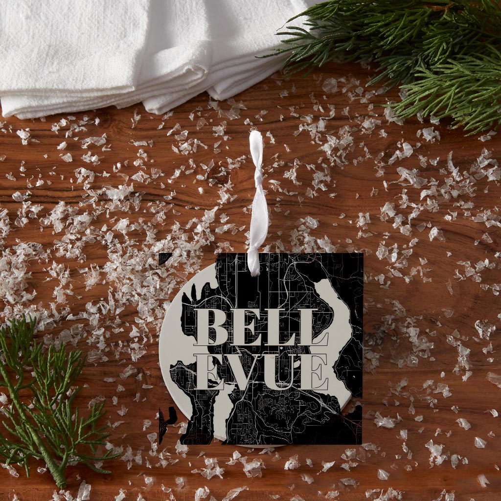 Minimalistic B&W Washington Bellevue Map | Wood Ornament | Eaches | Min 6