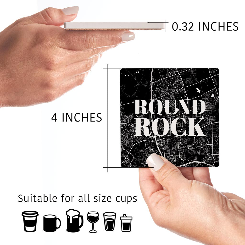 Minimalistic B&W Texas Round Rock Map | Absorbent Coasters | Set of 4 | Min 2