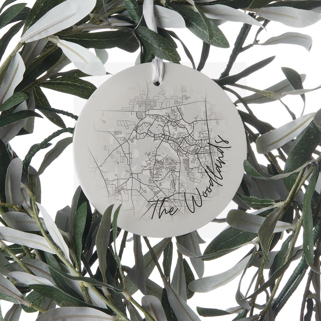 Minimalistic B&W Texas The Woodlands Circle Map | Wood Ornament | Eaches | Min 6