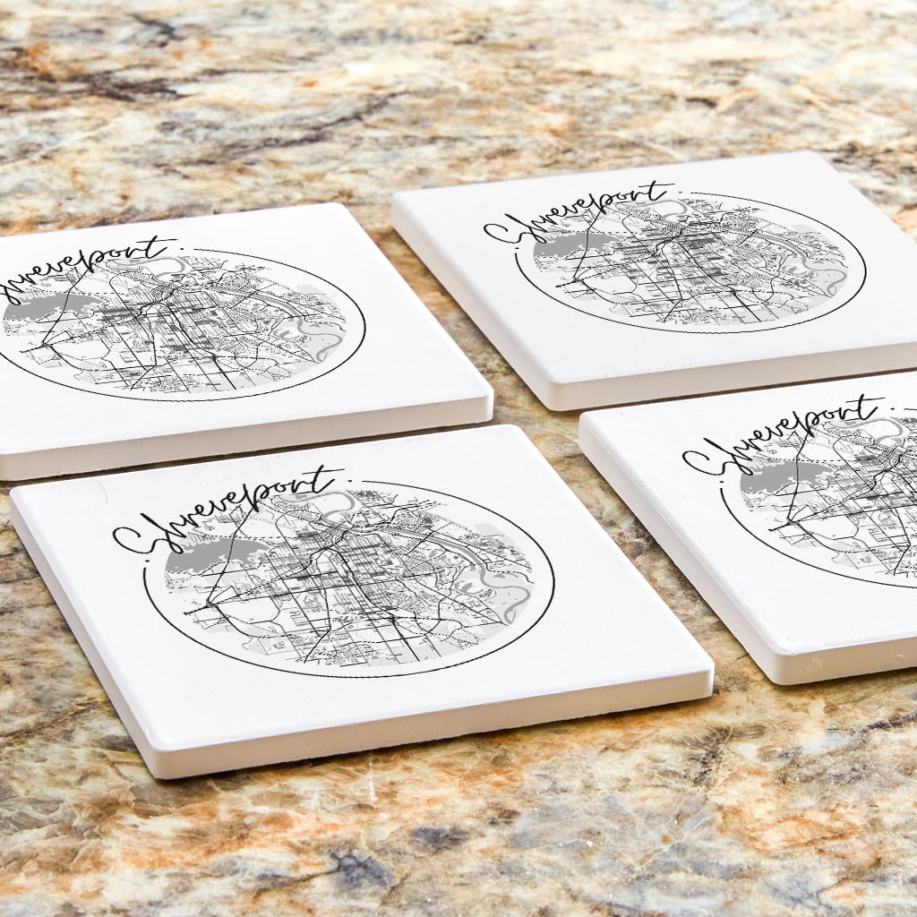 Modern Louisiana Shreveport Circle Map | Absorbent Coasters | Set of 4 | Min 2