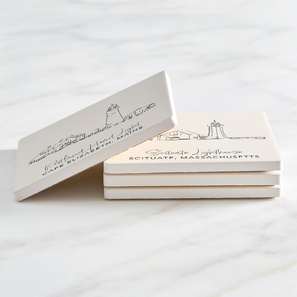 New England Lighthouses Cream Colored | Absorbent Coasters | Set of 4 | Min 2