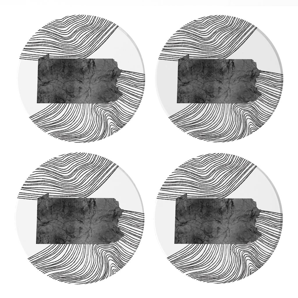 Minimalistic B&W Pennsylvania Shape Fluid Lines | Absorbent Coasters | Set of 4 | Min 2