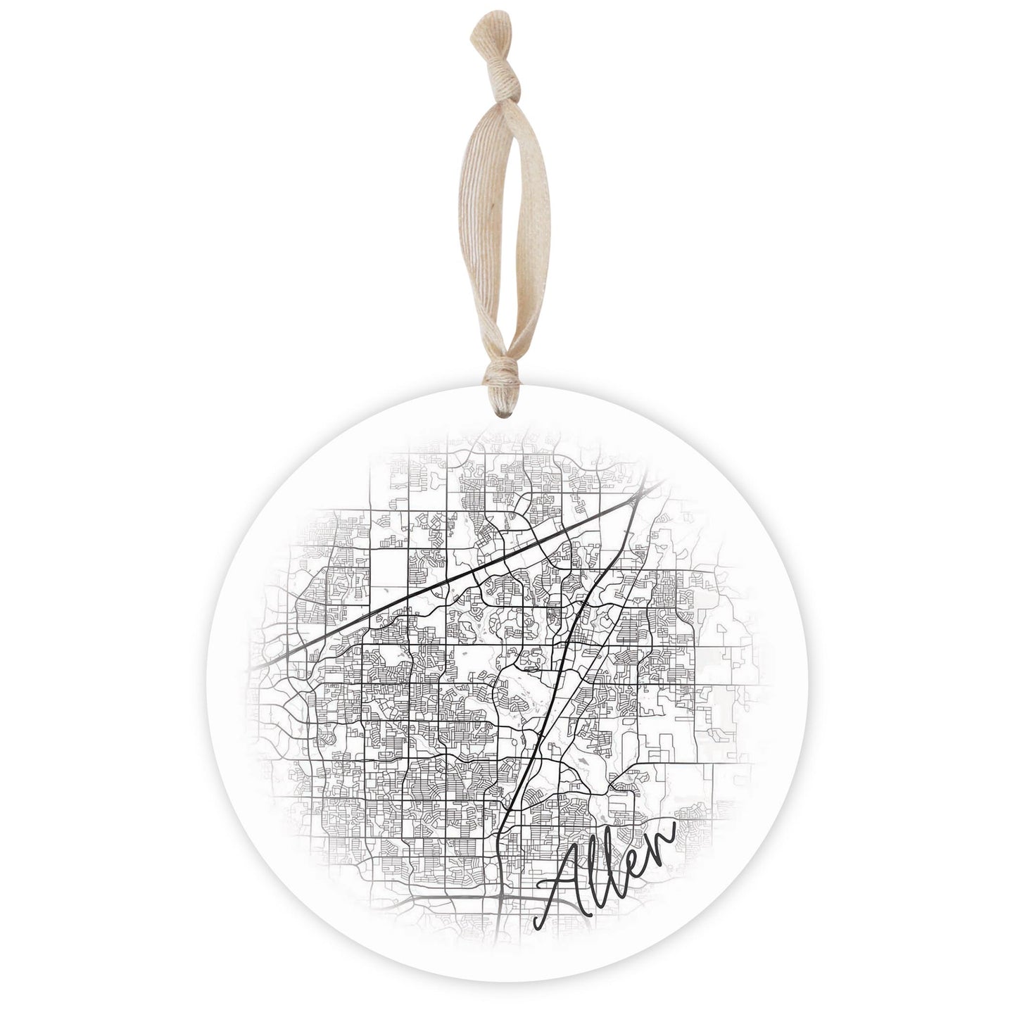 Minimalistic B&W Texas Allen Circle Map | Wood Ornament | Eaches | Min 1