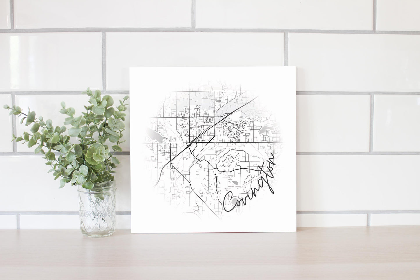 Minimalistic B&W Washington Covington Circle Map | Wood Sign | Eaches | Min 2