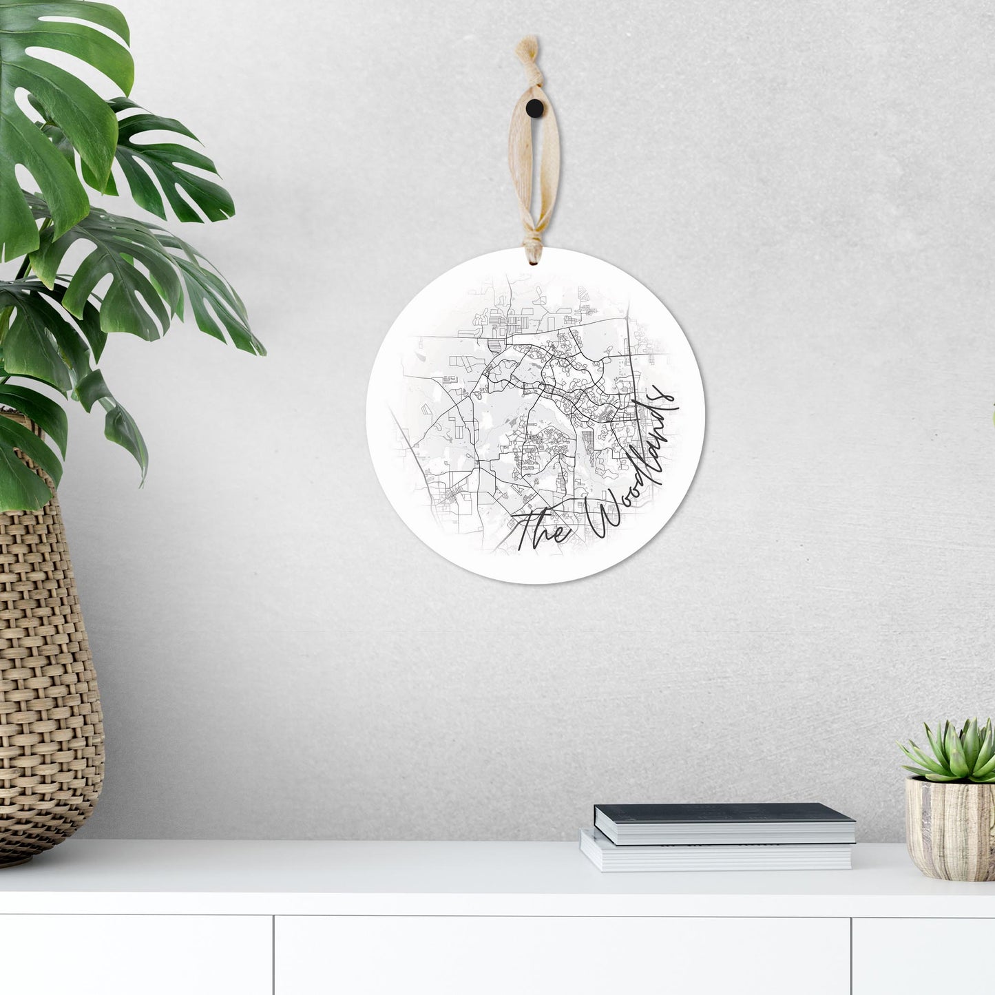 Minimalistic B&W Texas The Woodlands Circle Map | Wood Ornament | Eaches | Min 1