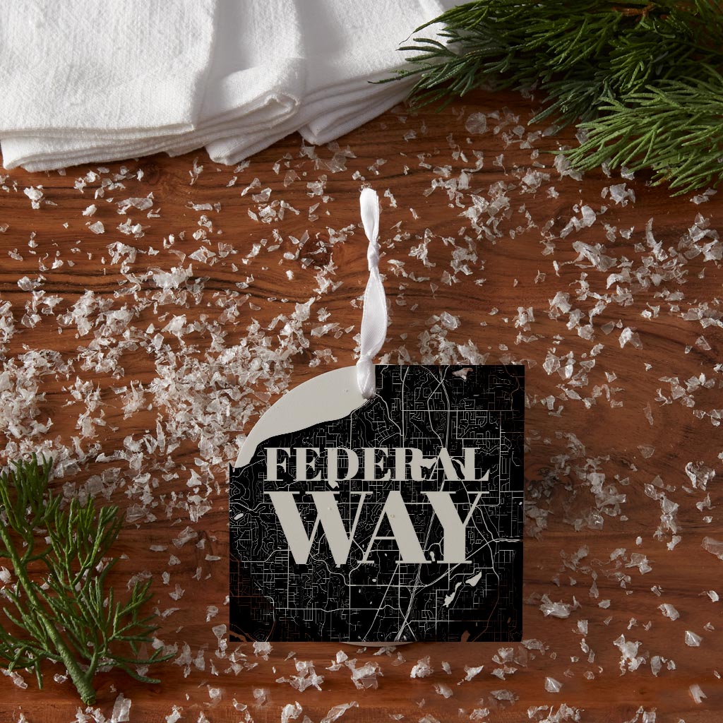 Minimalistic B&W Washington Federal Way Map | Wood Ornament | Eaches | Min 6