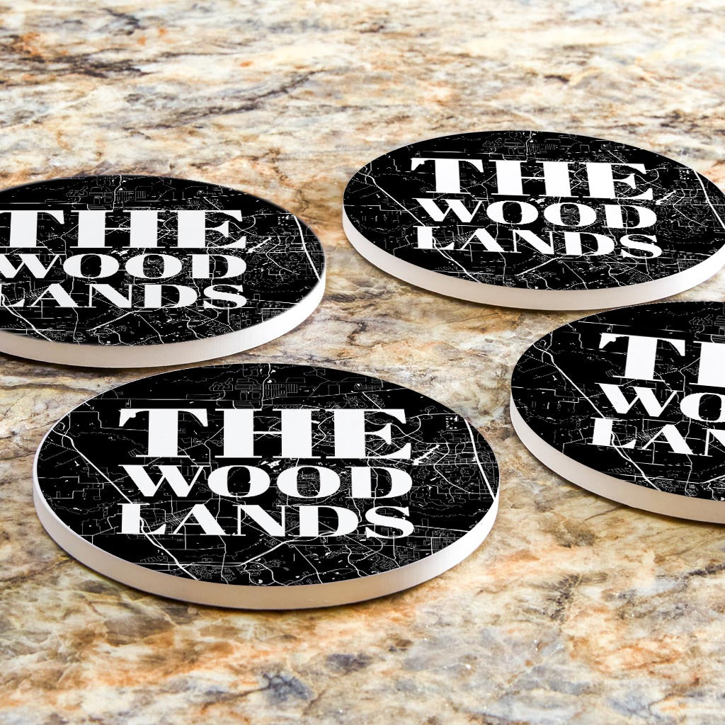 Minimalistic B&W Texas The Woodlands Map| Absorbent Coasters | Set of 4 | Min 2