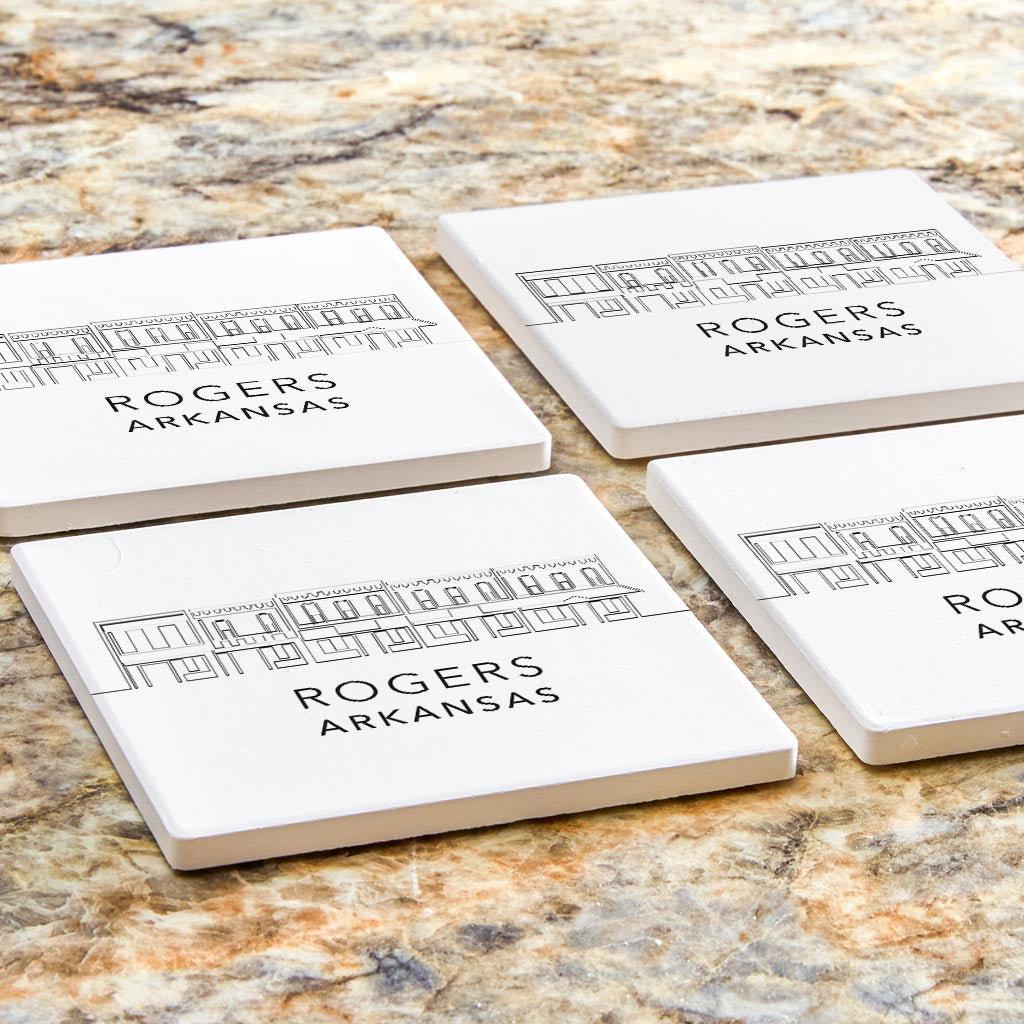 Minimalist B&W Arkansas Rogers Skyline State | Absorbent Coasters | Set of 4 | Min 2