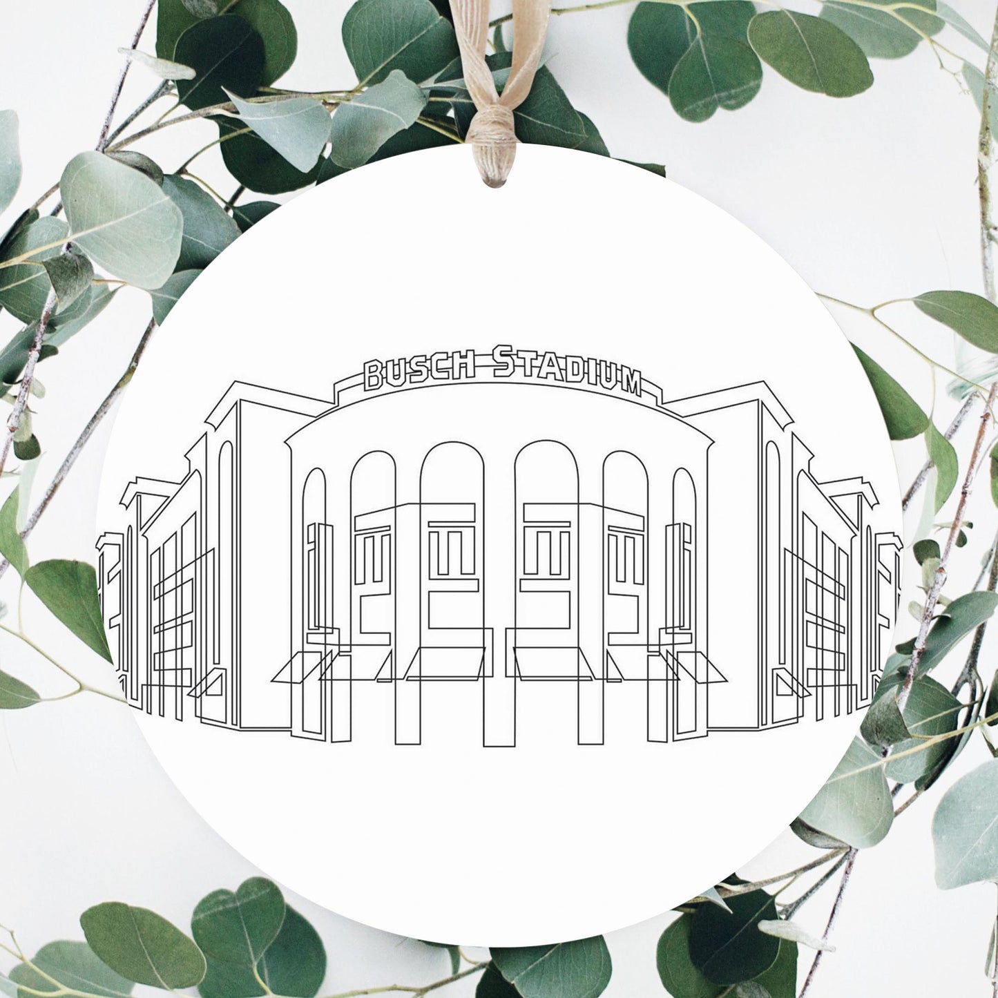 Minimalist B&W Missouri Busch Stadium Line Drawing | Wood Ornament | Eaches | Min 1