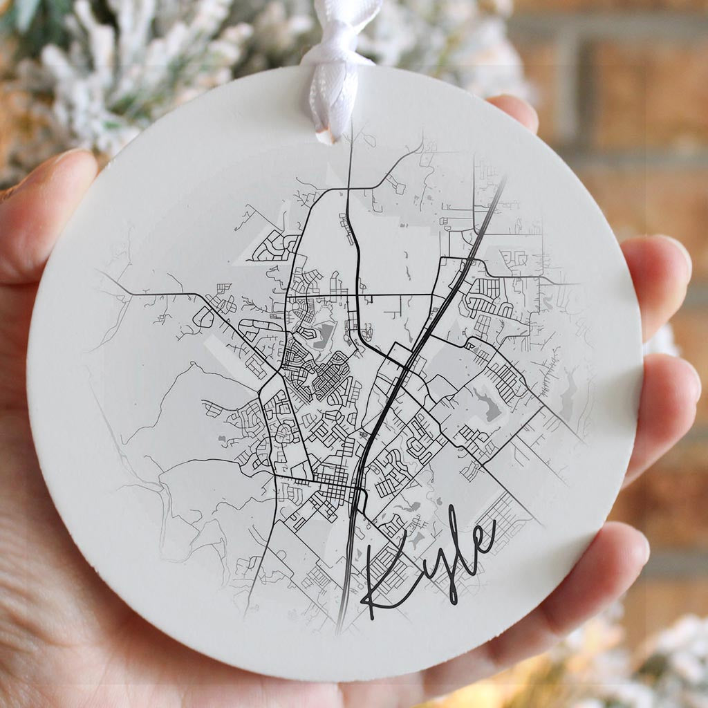 Minimalistic B&W Texas Kyle Circle Map | Wood Ornament | Eaches | Min 6