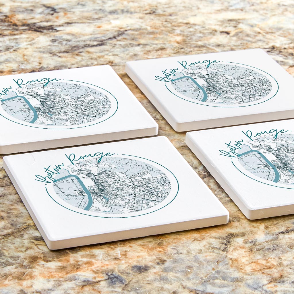 Blue White Baton Rouge Circle Map | Absorbent Coasters | Set of 4 | Min 2