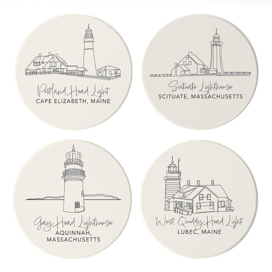 New England Lighthouses Cream Colored | Absorbent Coasters | Set of 4 | Min 2