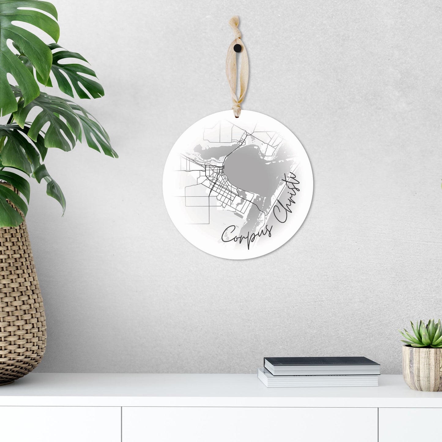 Minimalistic B&W Texas Corpus Christi Circle Map | Wood Ornament | Eaches | Min 1