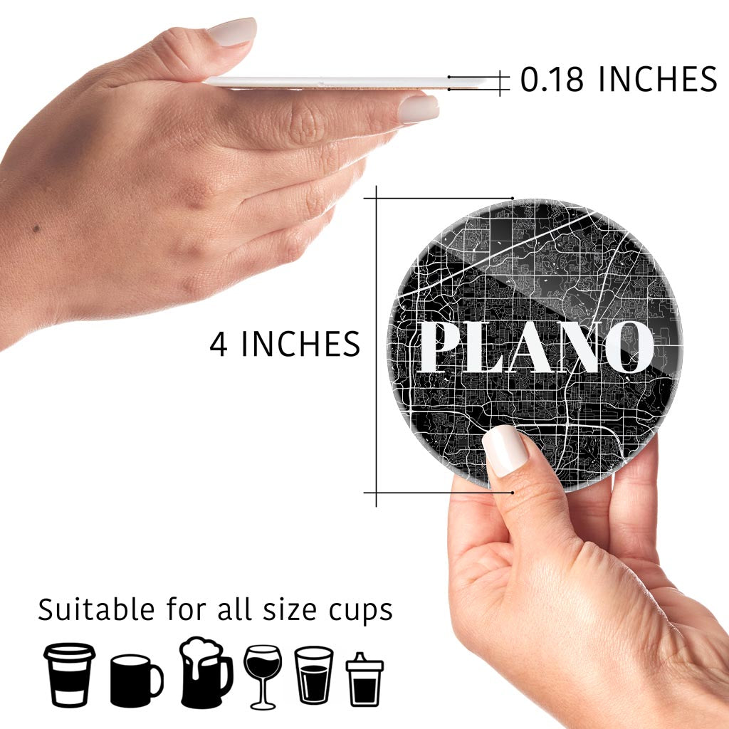 Minimalistic B&W Texas Plano Map | Hi-Def Glass Coasters | Set of 4 | Min 2