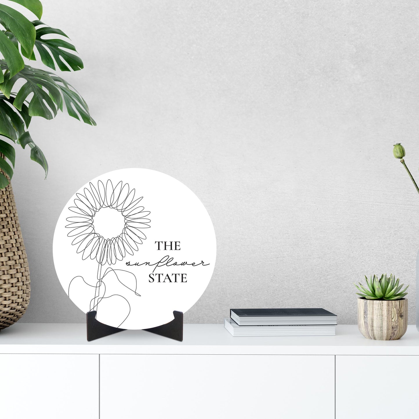 Minimalist B&W Kansas Sunflower Line Drawing | Wood Sign | Eaches | Min 1