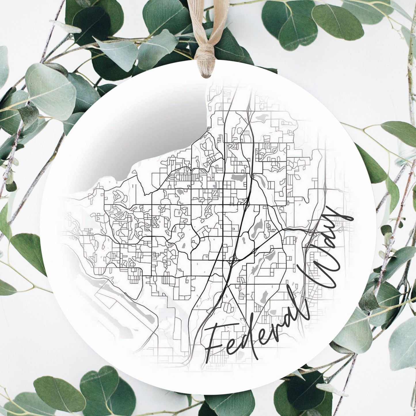 Minimalistic B&W Washington Federal Way Circle Map | Wood Ornament | Eaches | Min 1