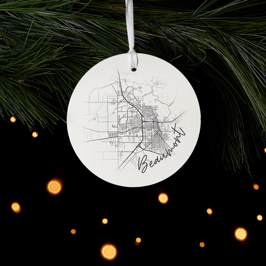 Minimalistic B&W Texas Beaumont Circle Map | Wood Ornament | Eaches | Min 6