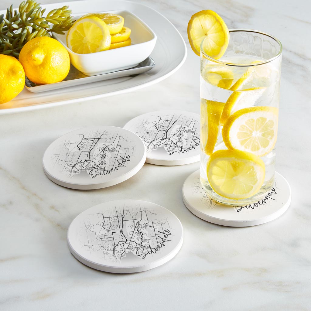 Minimalistic B&W Washington Silverdale Circle Map | Absorbent Coasters | Set of 4 | Min 2