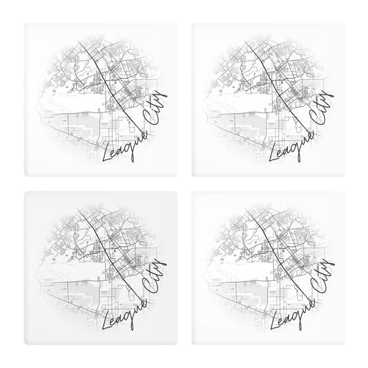 Minimalistic B&W Texas League City Circle Map | Absorbent Coasters | Set of 4 | Min 2