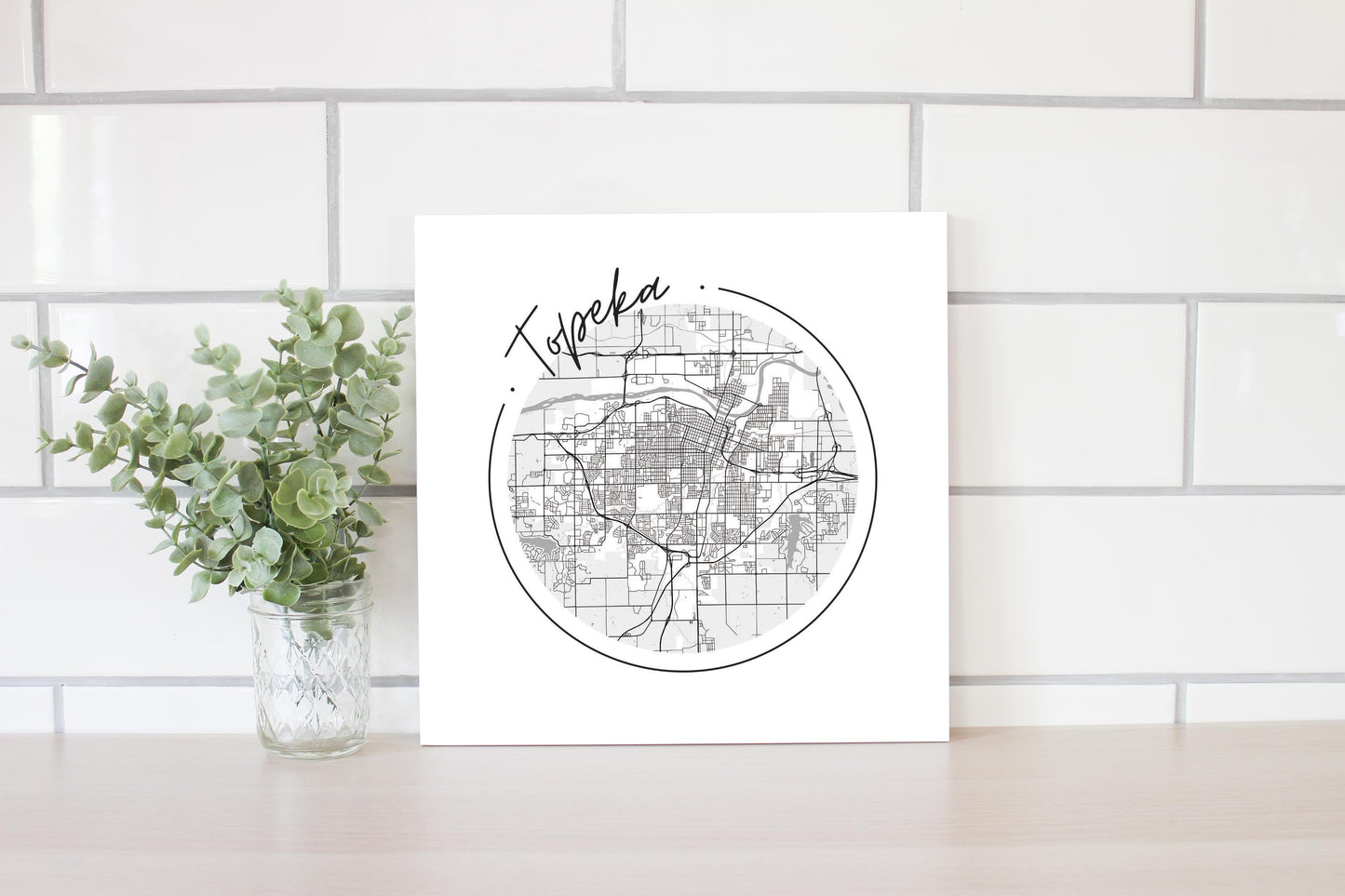 Minimalist B&W Kansas Topeka Circle Map | Wood Sign | Eaches | Min 2