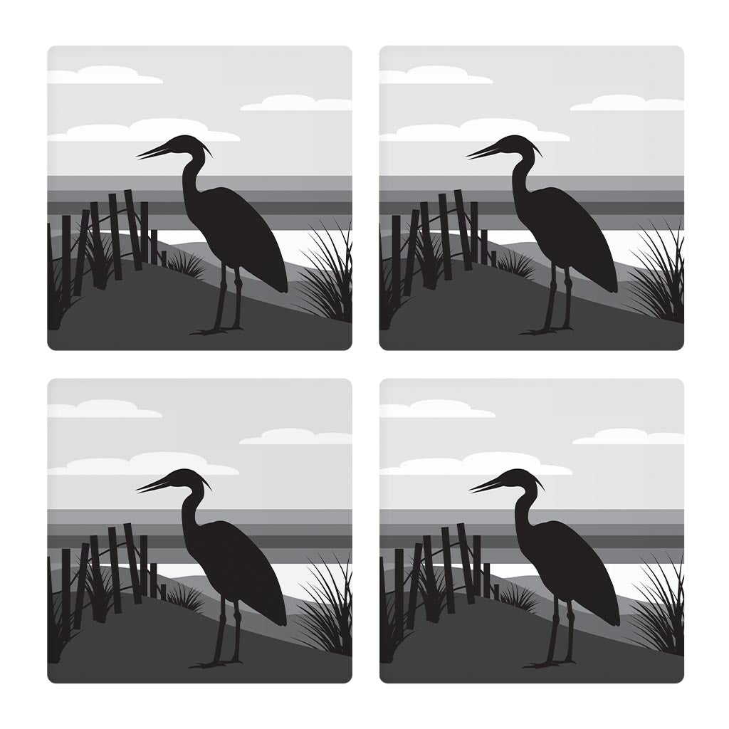 Minimalistic B&W Cape Cod Heron Illustration| Absorbent Coasters | Set of 4 | Min 2