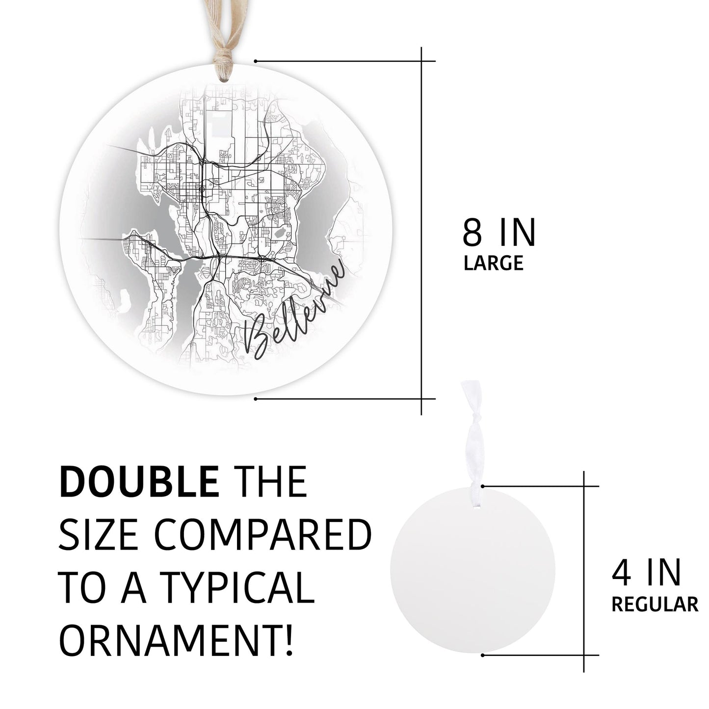 Minimalistic B&W Washington Bellevue Circle Map | Wood Ornament | Eaches | Min 1