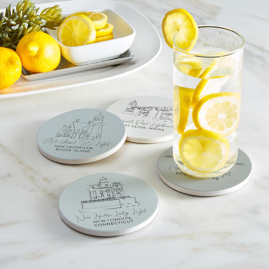 New England Lighthouses Muted Coastal | Absorbent Coasters | Set of 4 | Min 2