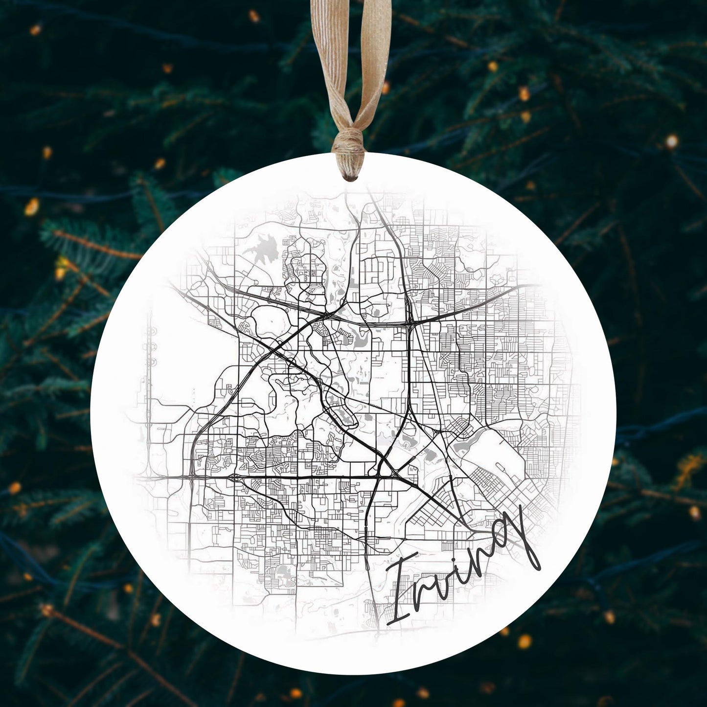 Minimalistic B&W Texas Irving Circle Map | Wood Ornament | Eaches | Min 1