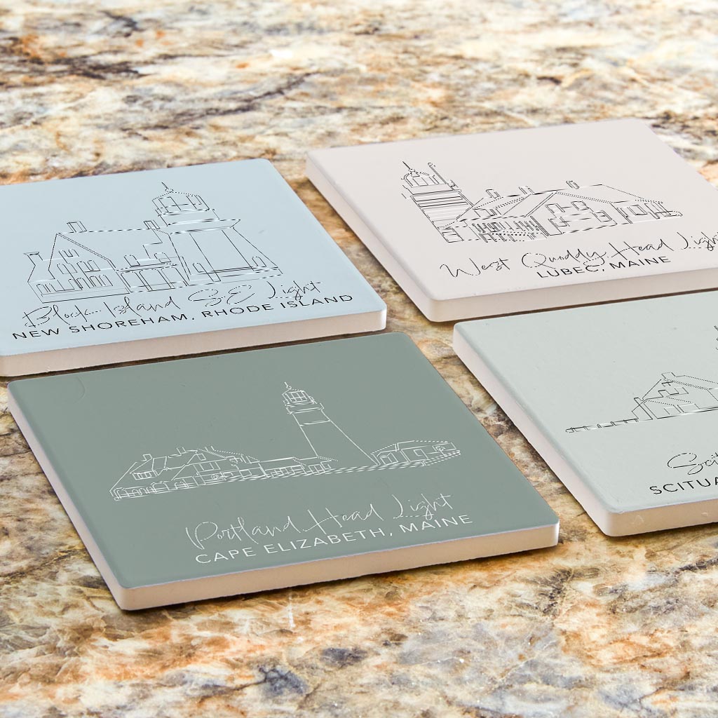 New England Lighthouses Muted Coastal | Absorbent Coasters | Set of 4 | Min 2