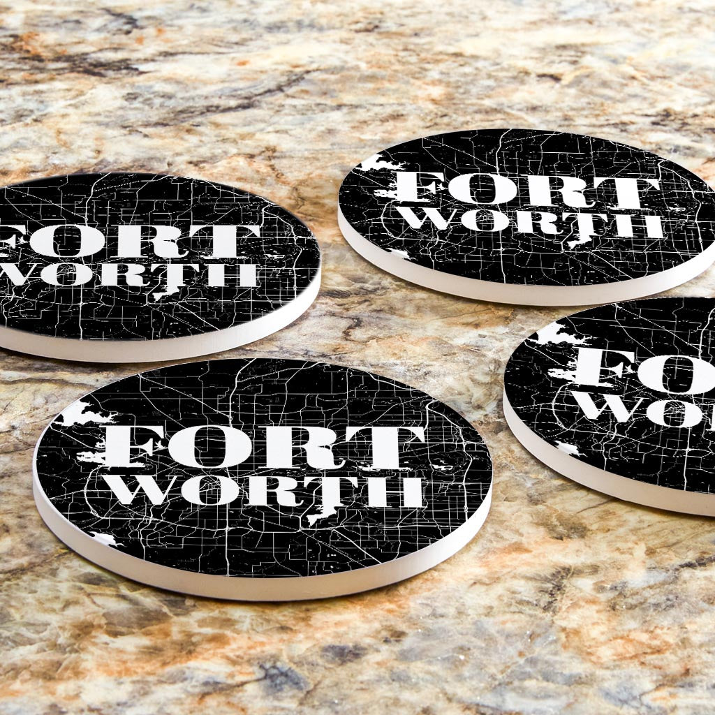 Minimalistic B&W Texas Fort Worth Map| Absorbent Coasters | Set of 4 | Min 2