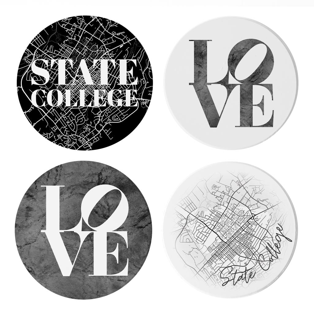 Minimalistic B&W Pennsylvania State College Maps Love | Absorbent Coasters | Set of 4 | Min 2