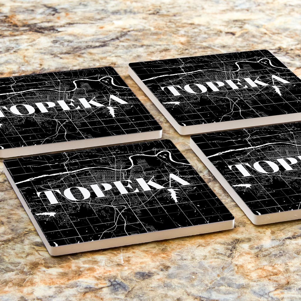 Minimalist B&W Kansas Topeka Map | Absorbent Coasters | Set of 4 | Min 2