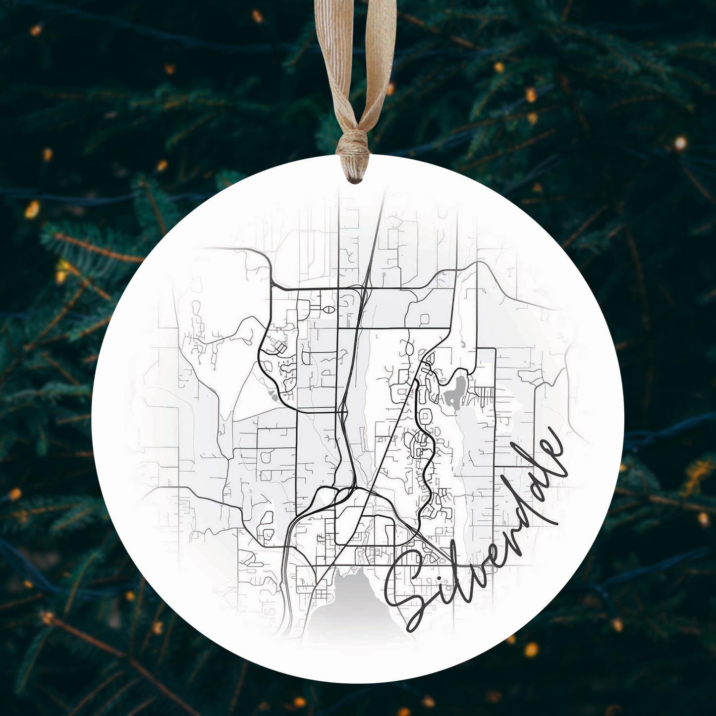 Minimalistic B&W Washington Silverdale Circle Map | Wood Ornament | Eaches | Min 1