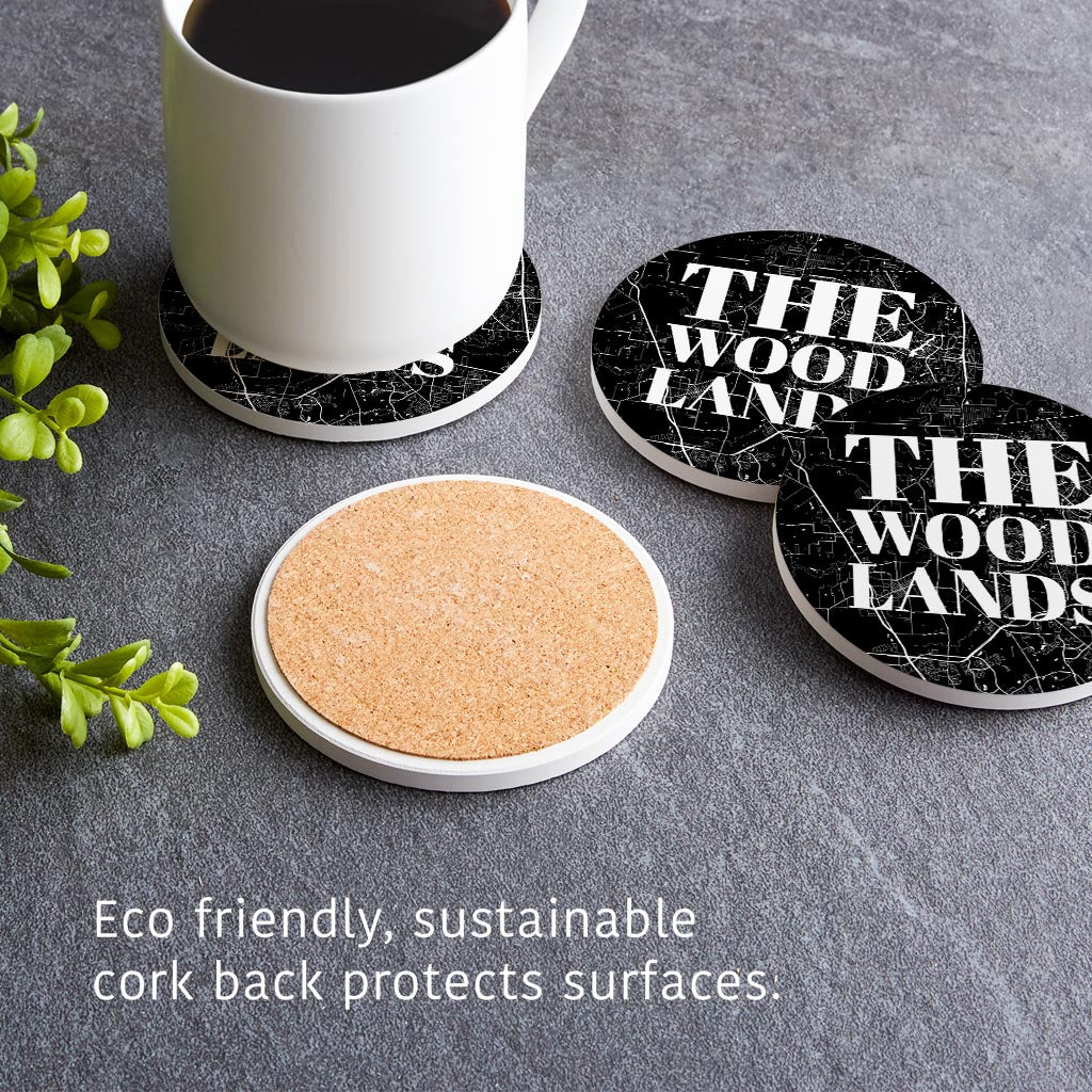 Minimalistic B&W Texas The Woodlands Map| Absorbent Coasters | Set of 4 | Min 2