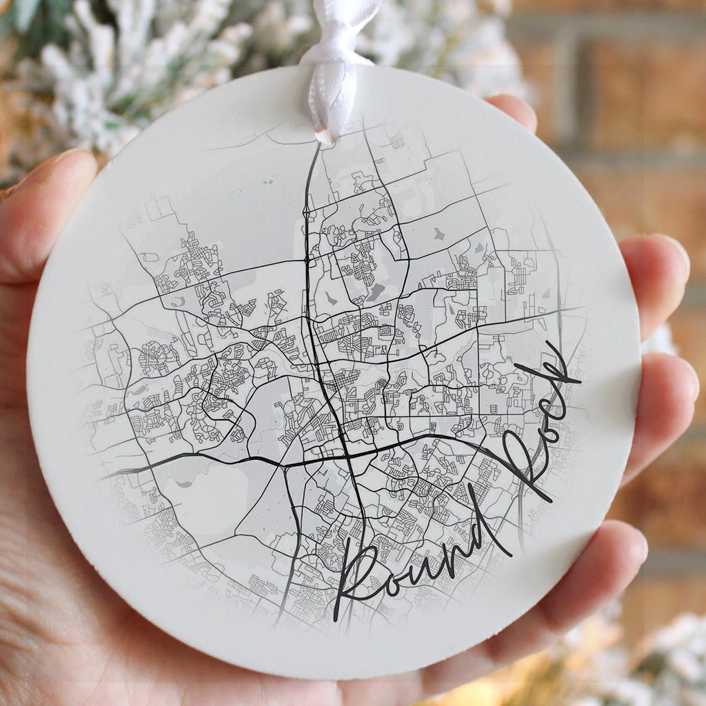 Minimalistic B&W Texas Round Rock Circle Map | Wood Ornament | Eaches | Min 6