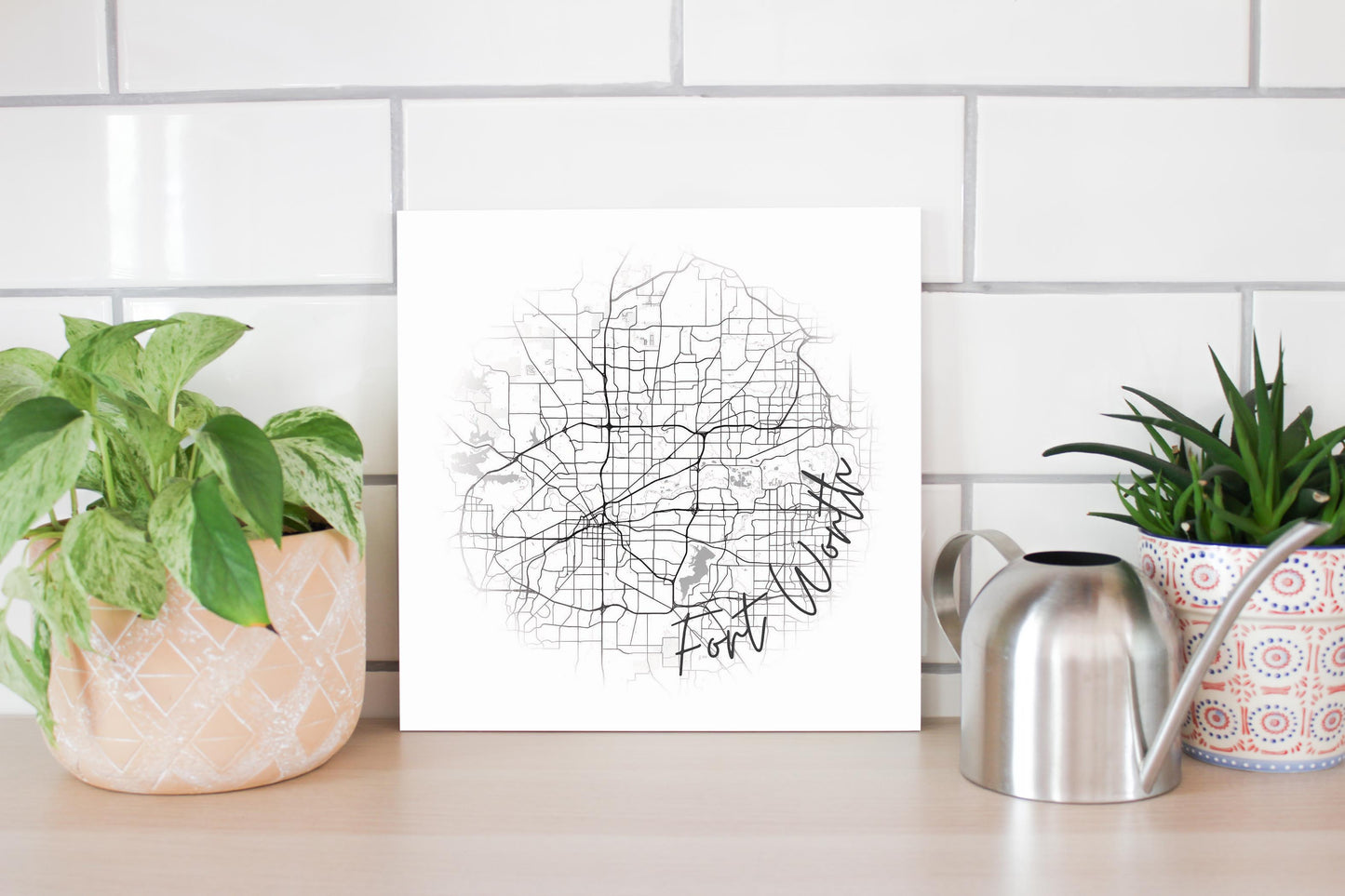 Minimalistic B&W Texas Fort Worth Circle Map | Wood Sign | Eaches | Min 2