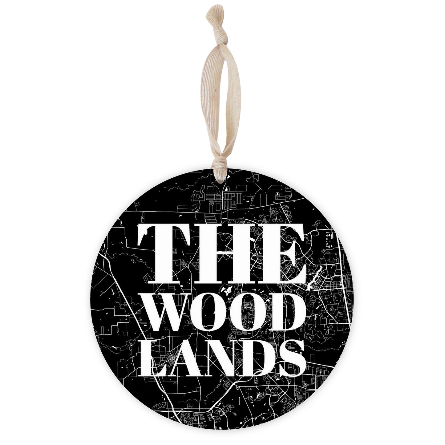 Minimalistic B&W Texas The Woodlands Map | Wood Ornament | Eaches | Min 1