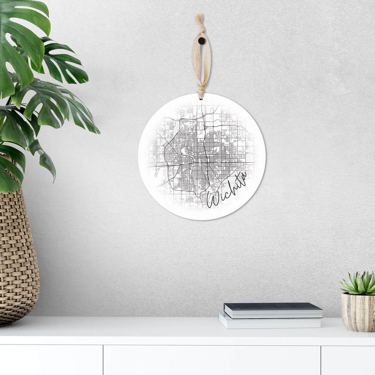 Minimalistic B&W Kansas Wichita Circle Map | Wood Ornament | Eaches | Min 1