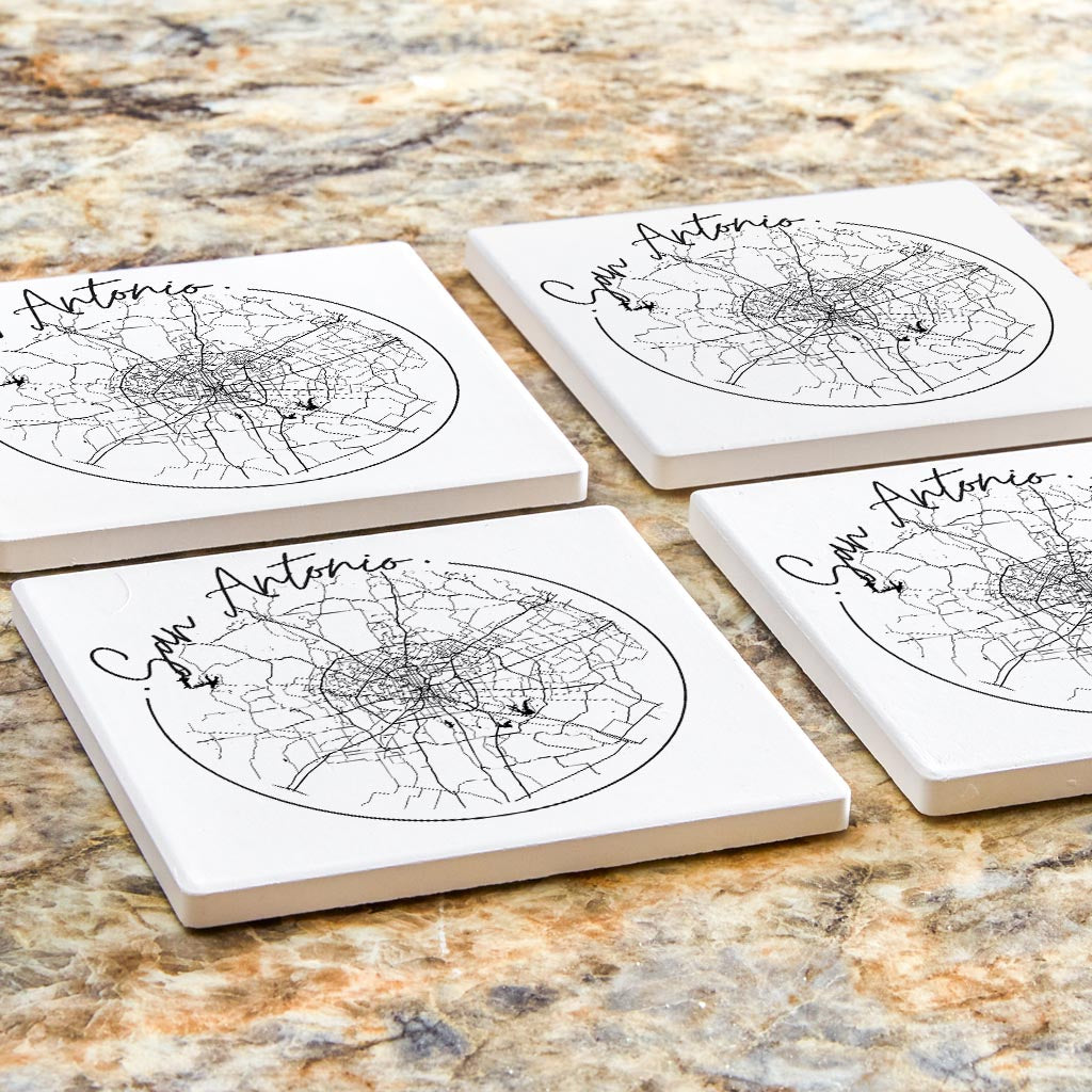 Modern San Antonio Round Map | Absorbent Coasters | Set of 4 | Min 2