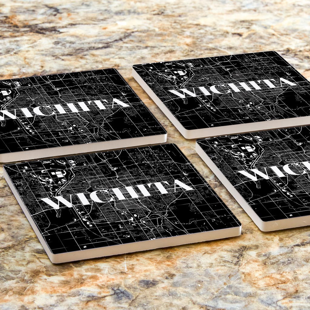 Minimalist B&W Kansas Wichita Map | Absorbent Coasters | Set of 4 | Min 2