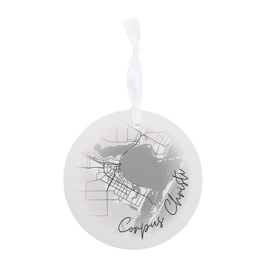 Minimalistic B&W Texas Corpus Christi Circle Map | Wood Ornament | Eaches | Min 6