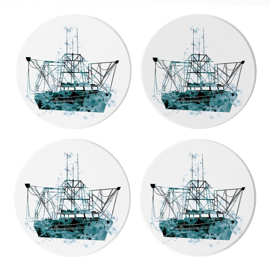 Blue White Water Color Shrimp Boat | Absorbent Coasters | Set of 4 | Min 2