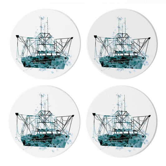 Blue White Water Color Shrimp Boat | Absorbent Coasters | Set of 4 | Min 2