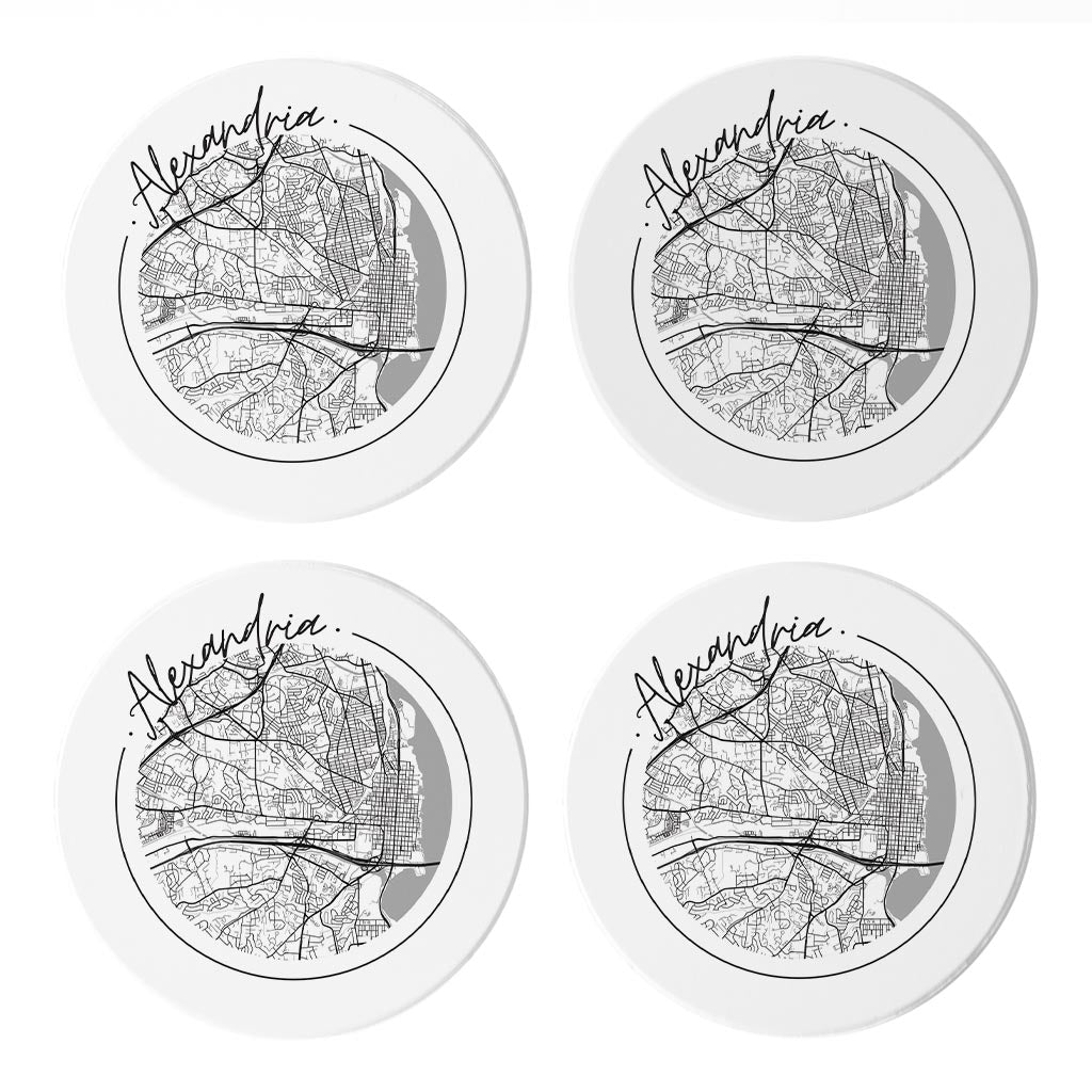 Minimalistic B&W Virginia Alexandria Circle Map | Absorbent Coasters | Set of 4 | Min 2