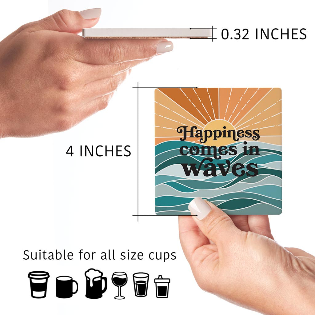 Happiness Comes In Waves | Absorbent Coasters | Set of 4 | Min 2