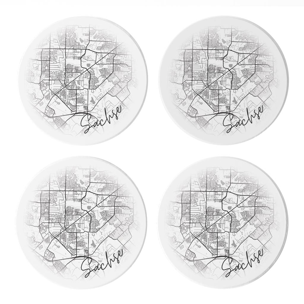 Minimalistic B&W Texas Sachse Circle Map | Absorbent Coasters | Set of 4 | Min 2