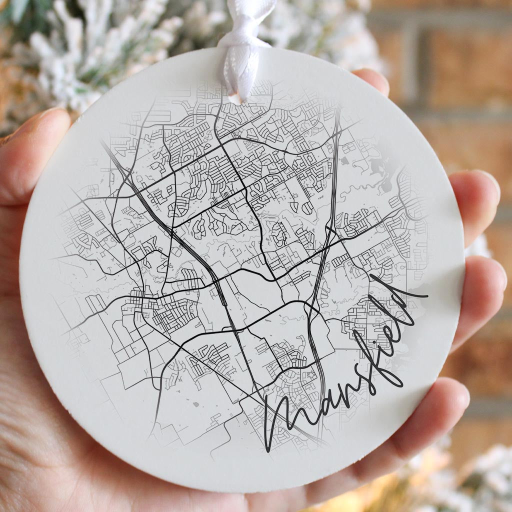 Minimalistic B&W Texas Mansfield Circle Map | Wood Ornament | Eaches | Min 6