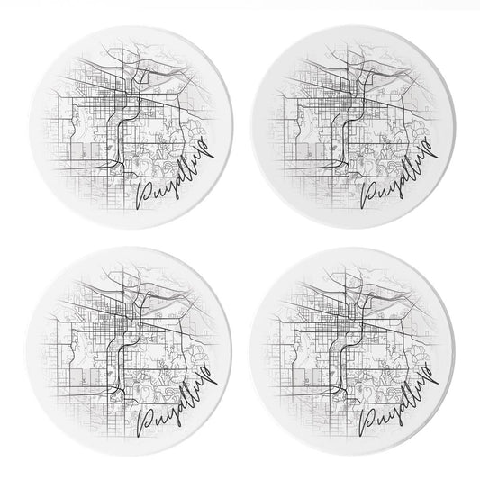 Minimalistic B&W Washington Puyallup Circle Map | Absorbent Coasters | Set of 4 | Min 2